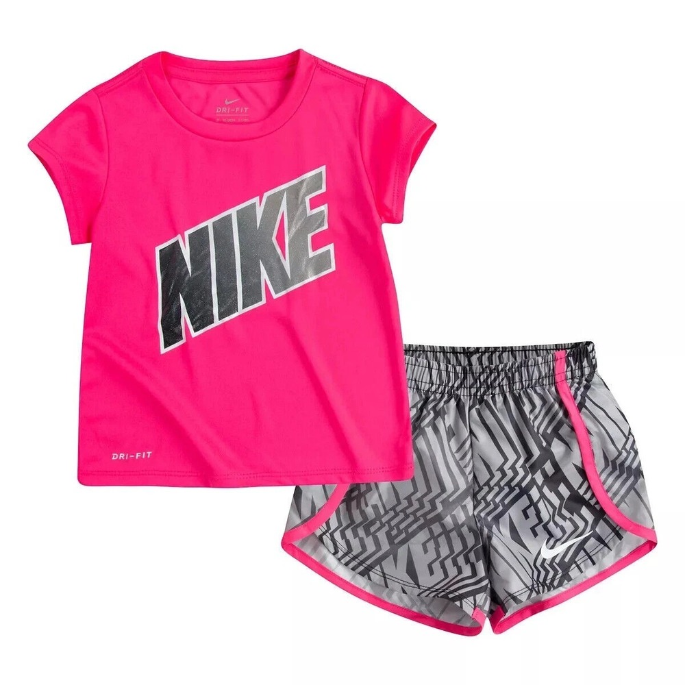 Nike Dri-Fit Little Girl's  2-Piece Graphic Tee & Short Set 18 months pink gray